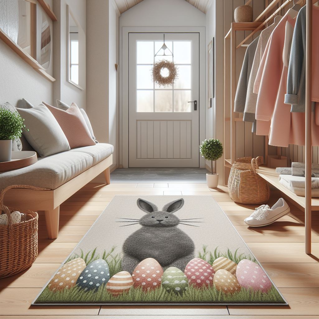 fußmatten motiv mit hase gras und bemalte eier im eingangsbereich
