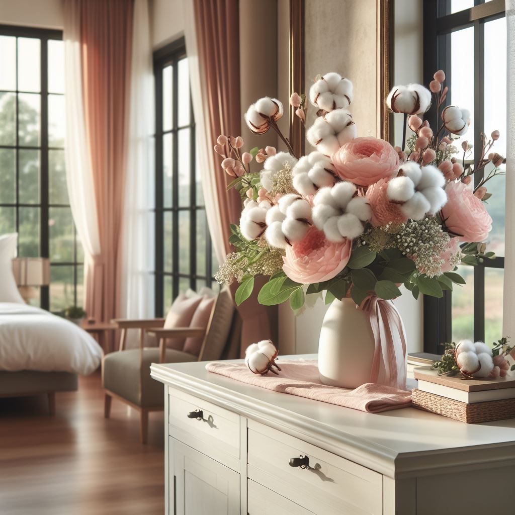 blumenstrauß in einem großen raum auf einer kommode mit vielen fenstern